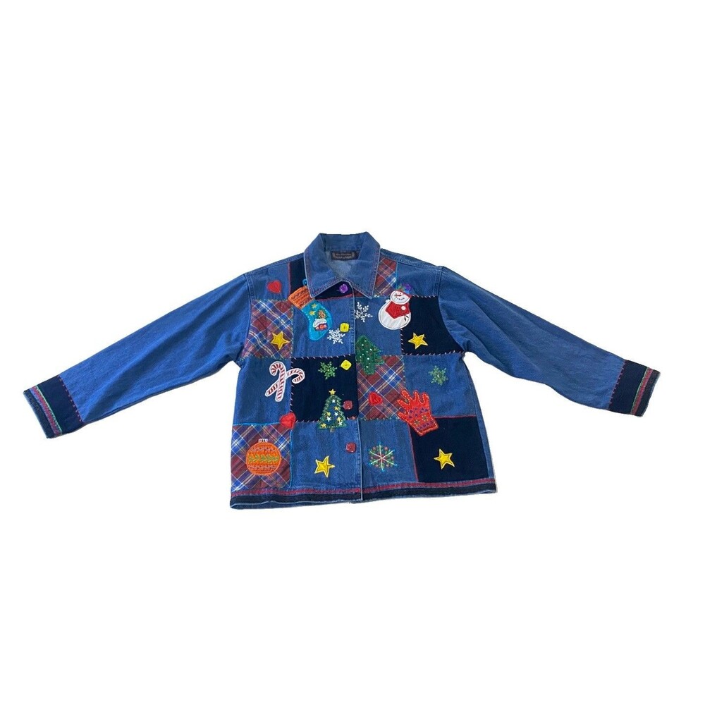 VTG New Direction Womens S Christmas Denim Jacket Patchwork Ugly Holiday Sweater